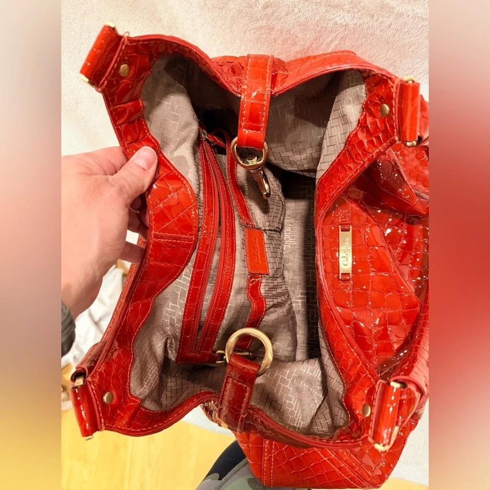 Cole Haan Red Croc-Embossed Patent Leather Hobo Shoulder Bag